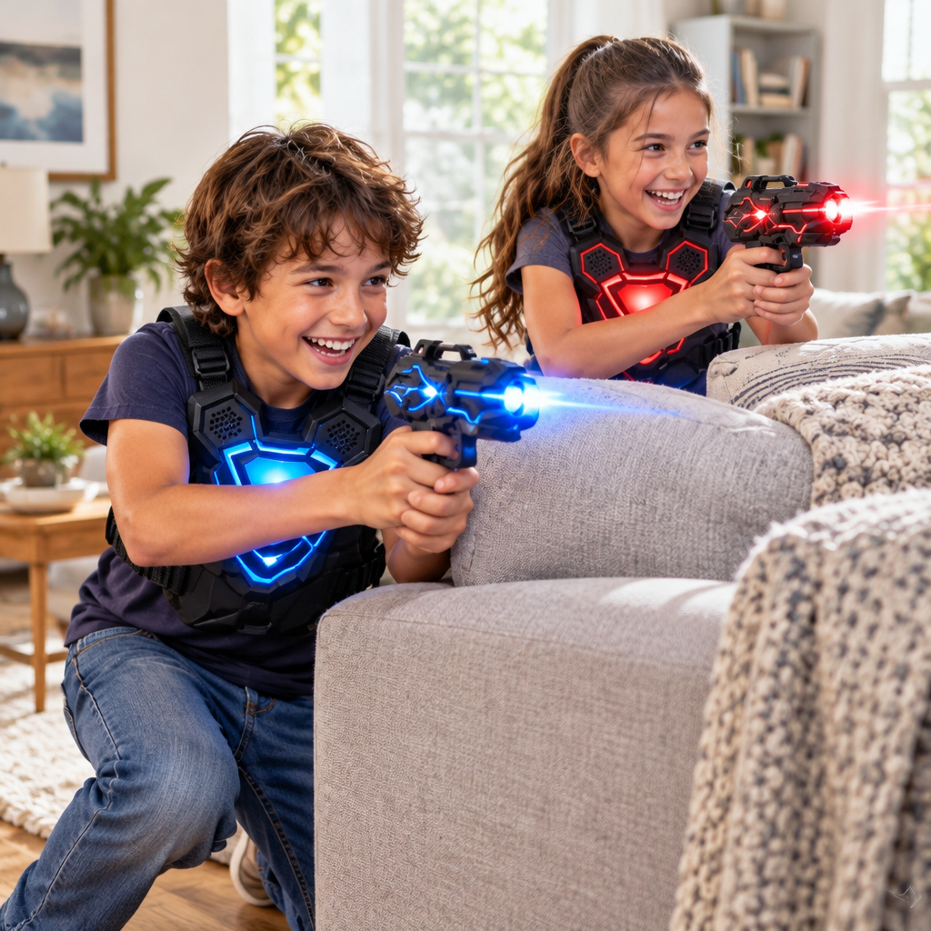 Two kids playing Zap Force laser tag at home