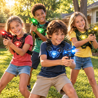 Group of kids playing Zap Force laser tag outdoors as teams