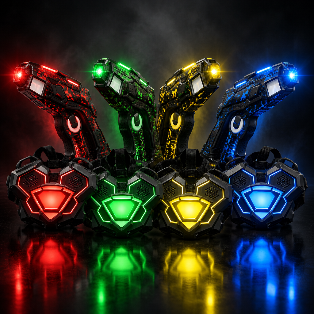 Full Zap Force laser tag set glowing in the dark